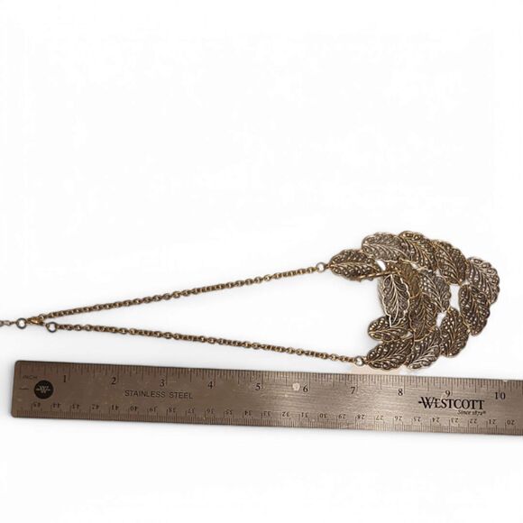 Vintage Gold-Tone Leaf Necklace – Bib Statement, Art Nouveau, Boho Style - Picture 3 of 5